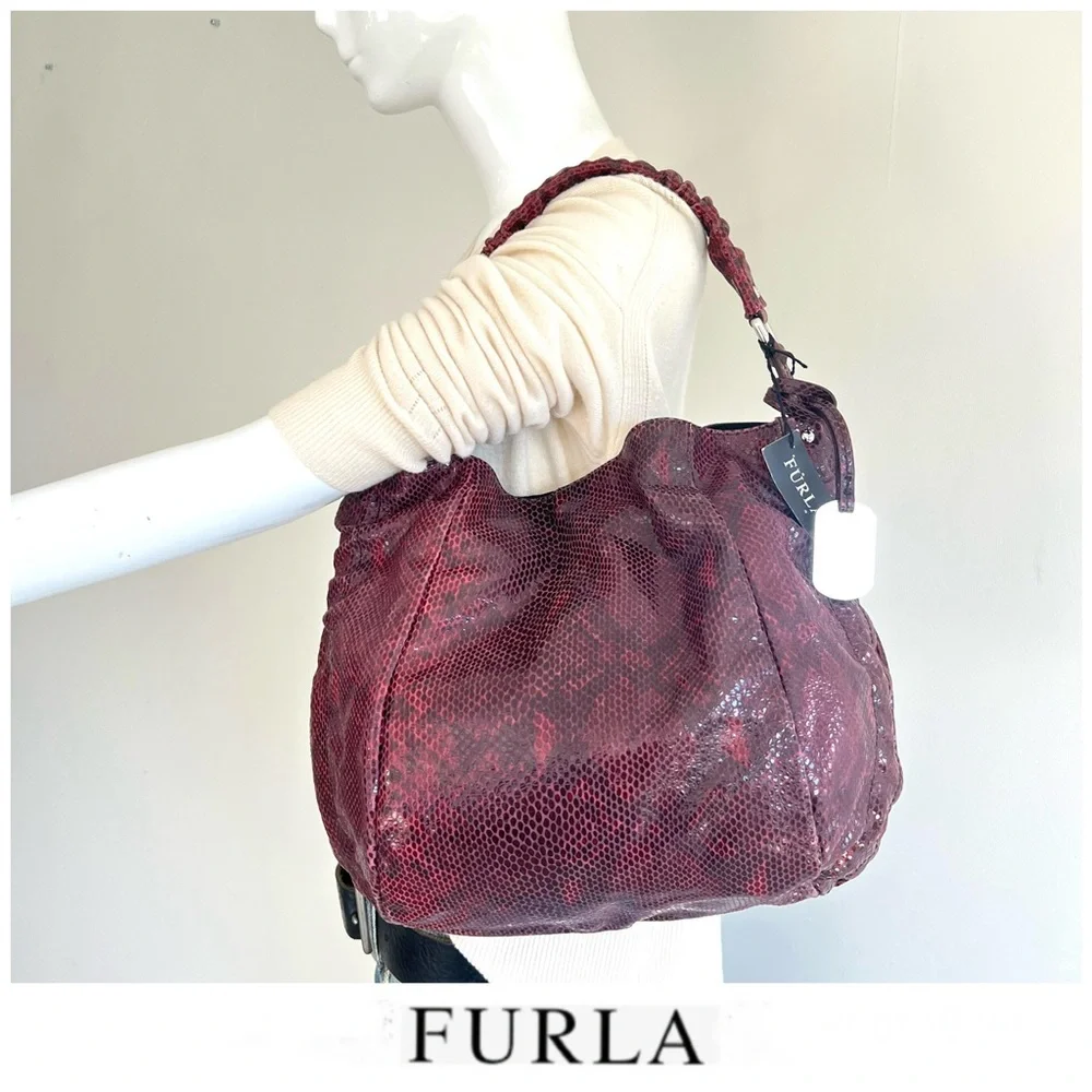 FURLA NEW Burgundy Snake Python Embossed Leather Single Handle Hobo Shoulder Bag - Picture 1 of 16